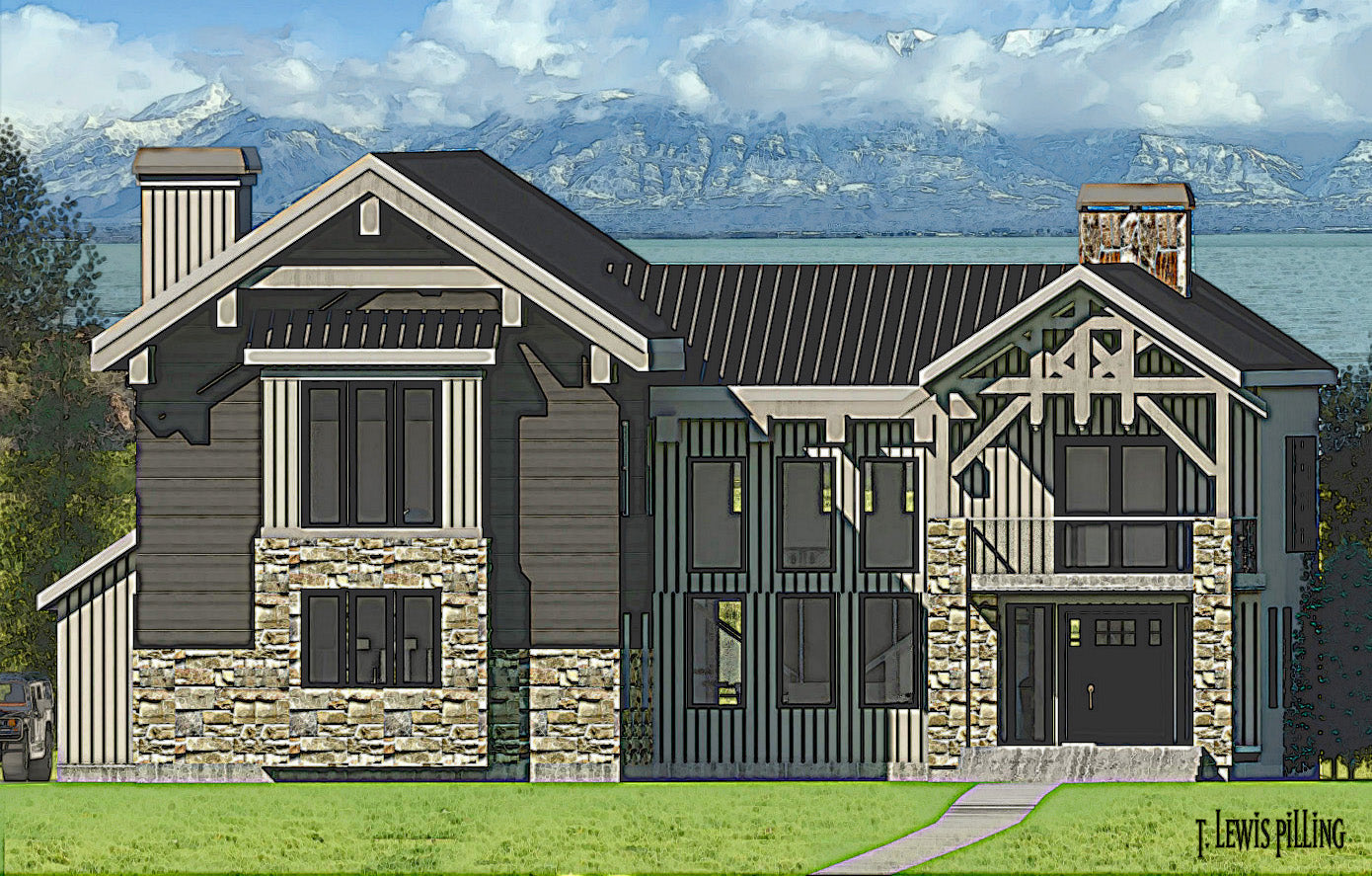 House plan exterior, design by Authentic Homes in Utah. Mountain cabin styling with tan stucco, board & batten siding, stone. Chimney, dormer, large porch and timbered deck.