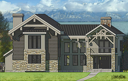 House plan exterior, design by Authentic Homes in Utah. Mountain cabin styling with tan stucco, board & batten siding, stone. Chimney, dormer, large porch and timbered deck.