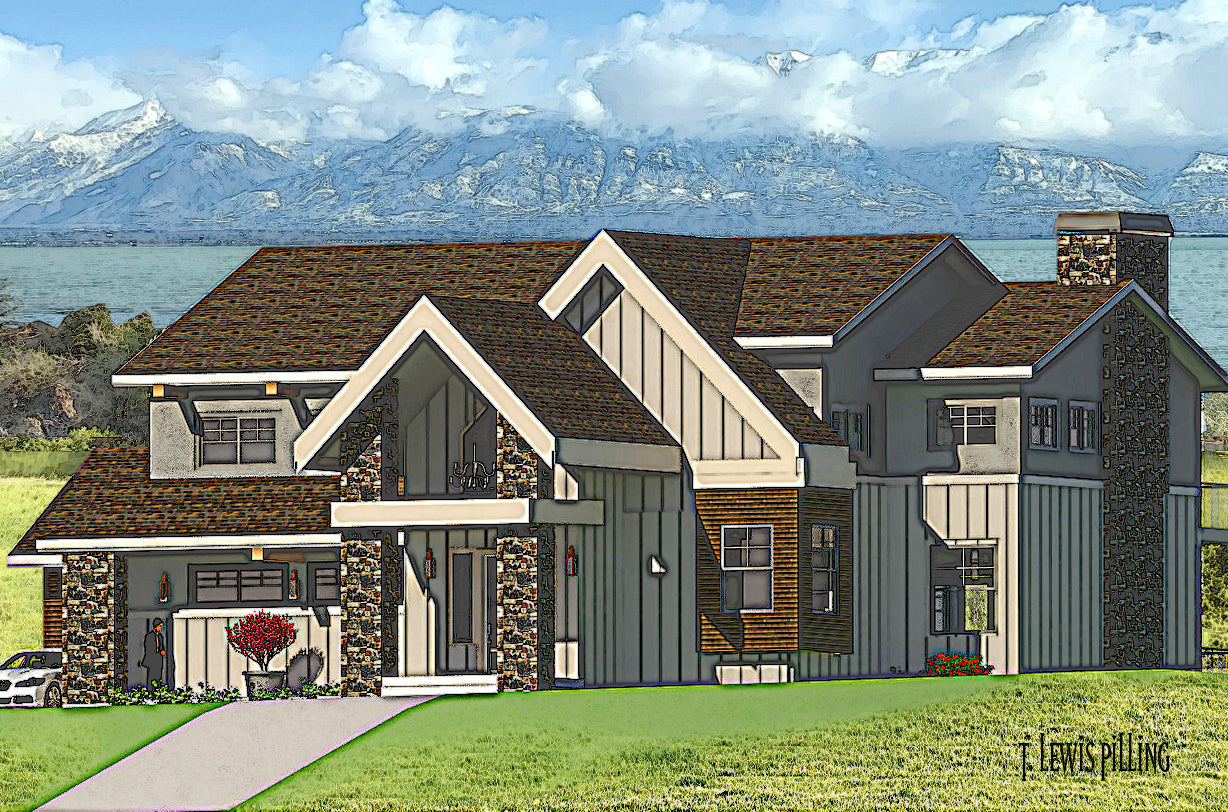 House plan exterior, design by Authentic Homes in Utah.  Modern mountain styling with grey stucco, board & batten, stone. Timbers, chimney, dramatic entry.