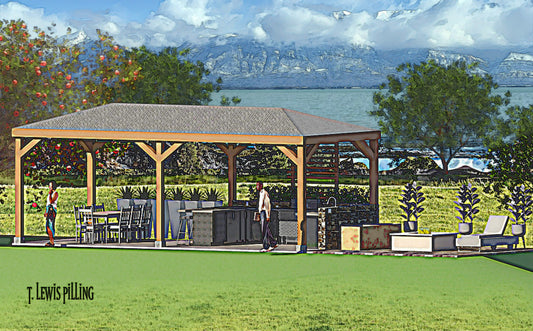 Pavilion No.1 house plan featuring an outdoor dining area with kitchen, bar seating, and fire pit, ideal for backyard entertaining by the water.