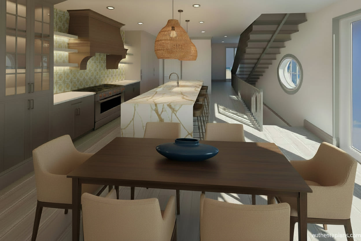 Modern kitchen with dining area featuring a wooden table and chairs. Design by Authentic Homes in Utah.