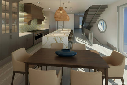Modern kitchen with dining area featuring a wooden table and chairs. Design by Authentic Homes in Utah.