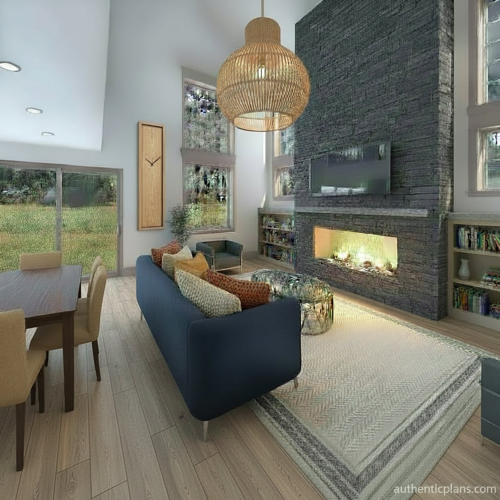 Modern living room with a blue sofa, fireplace, and dining table. Design by Authentic Homes in Utah.