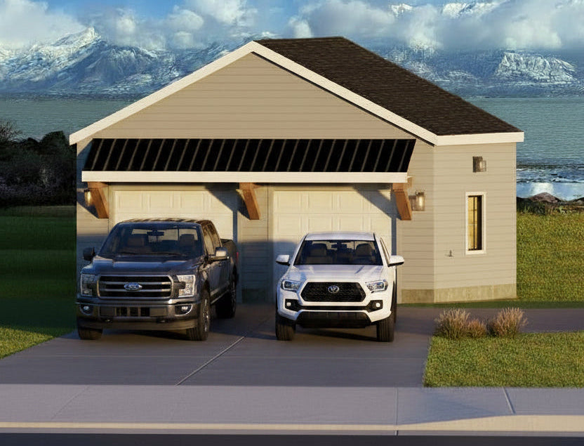 A white single-story garage or shed with a dark roof and overhang, shown in a rendered outdoor scene with grass, water, and mountains in the background.