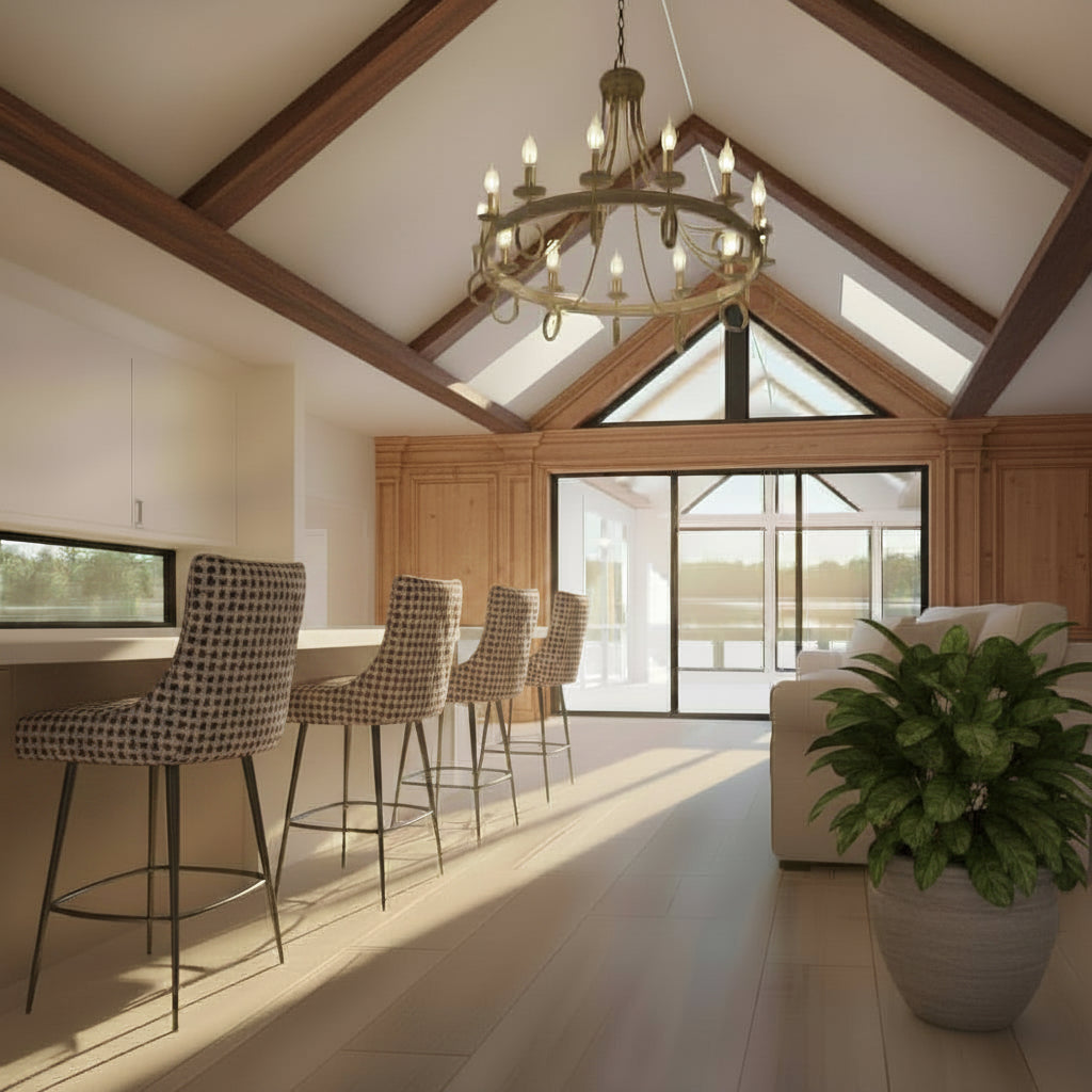 Modern kitchen with wooden beams, a chandelier, and a view of the outdoors. Remodel addition in saratoga springs Utah