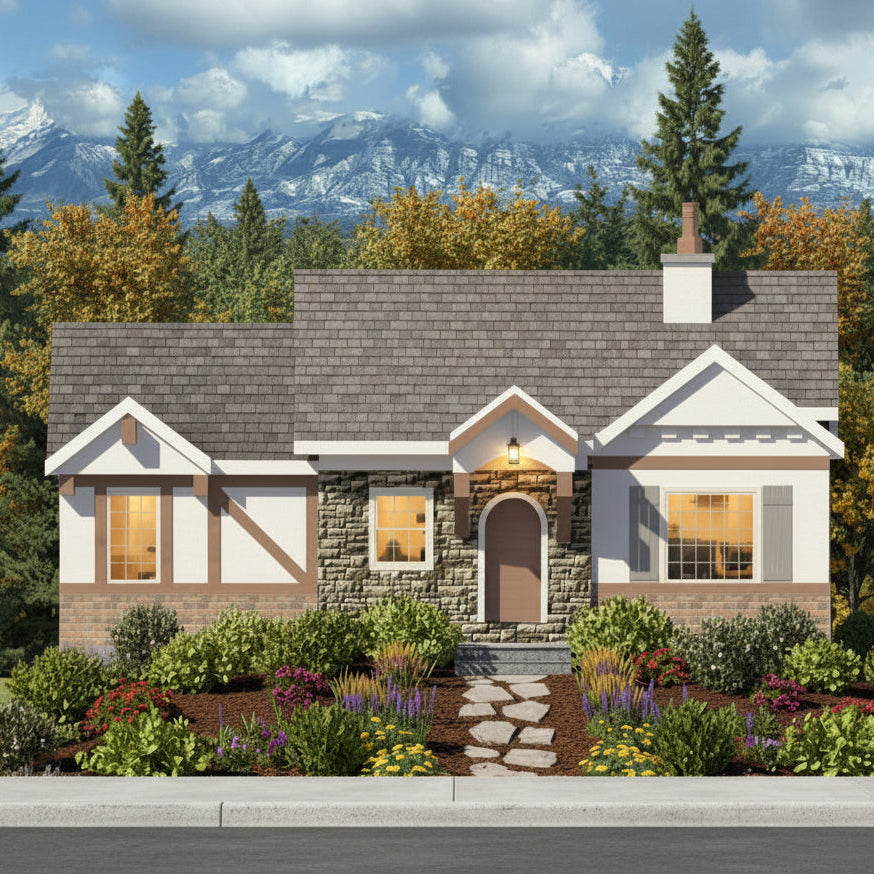 House with stone facade and garden in front, surrounded by trees and mountains. Remodel addition in Salt Lake City Utah