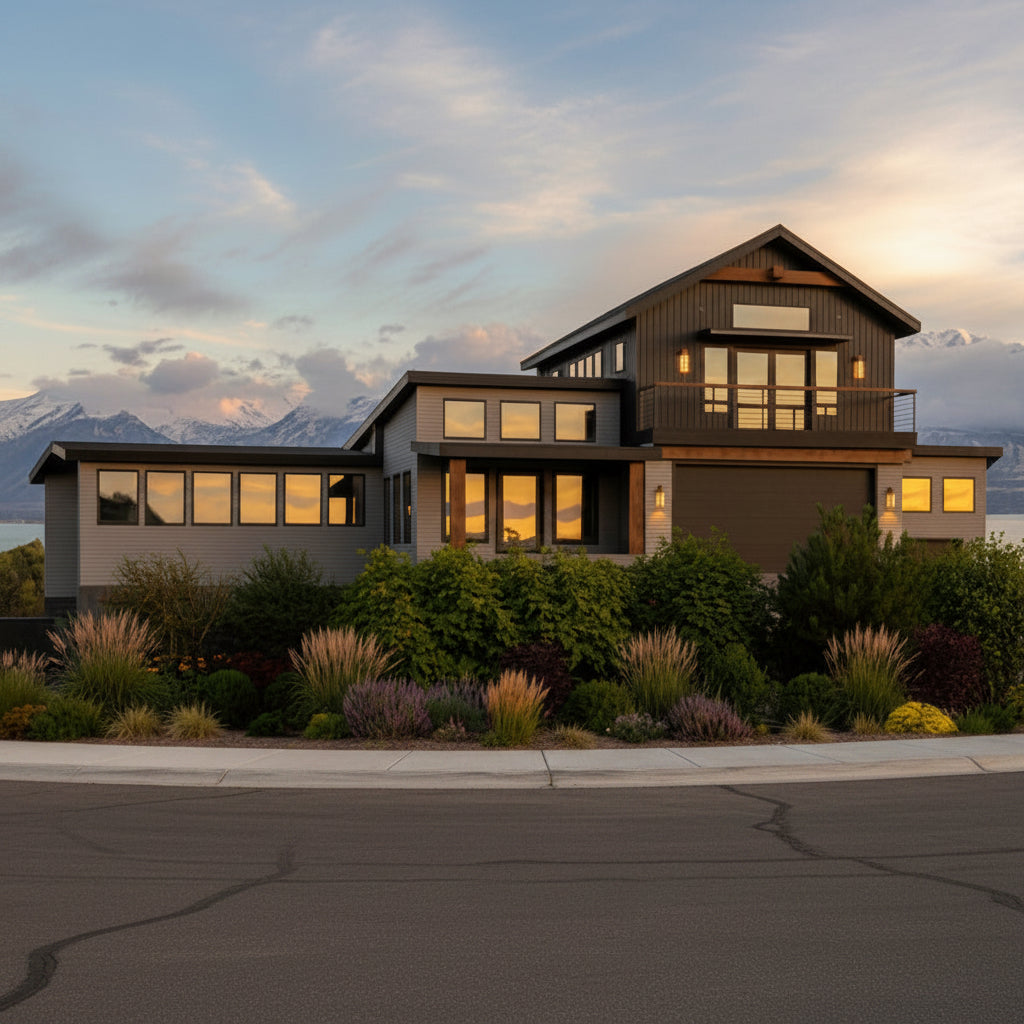 Modern house with mountain view during sunset. Remodel addition in Bountiful Utah