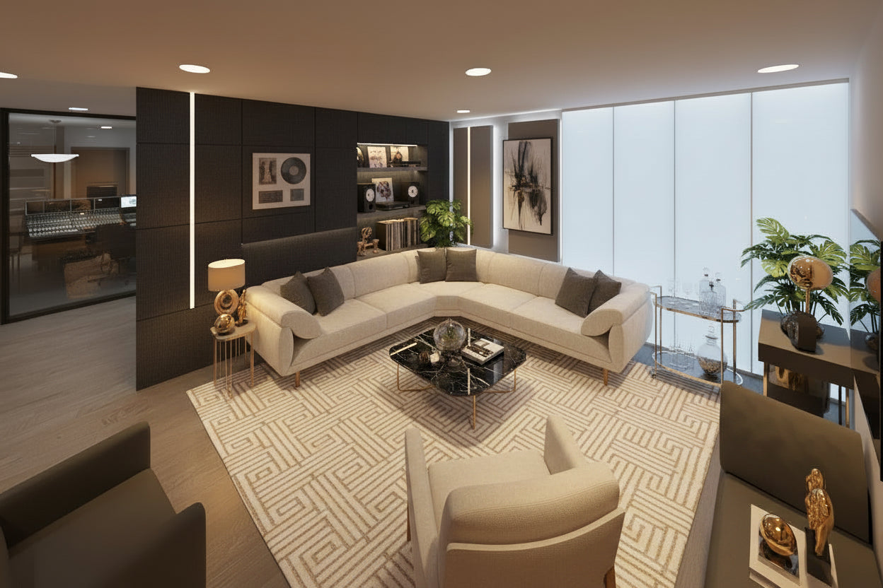 Modern living room with a sectional sofa, coffee table, and decorative items. Remodel addition in Bountiful Utah