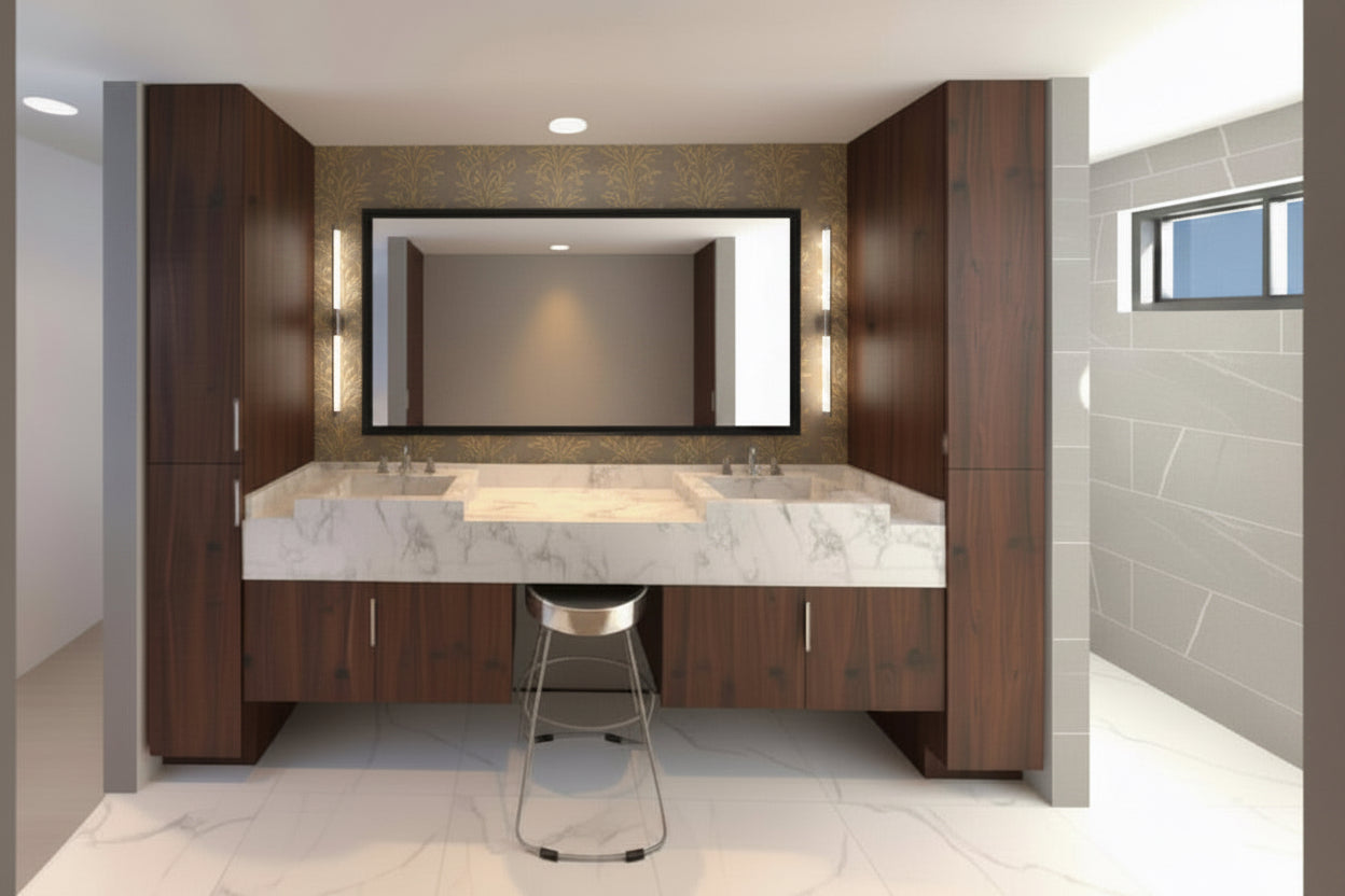 Modern bathroom with wooden cabinets, marble countertop, and stool. Remodel addition in Bountiful Utah