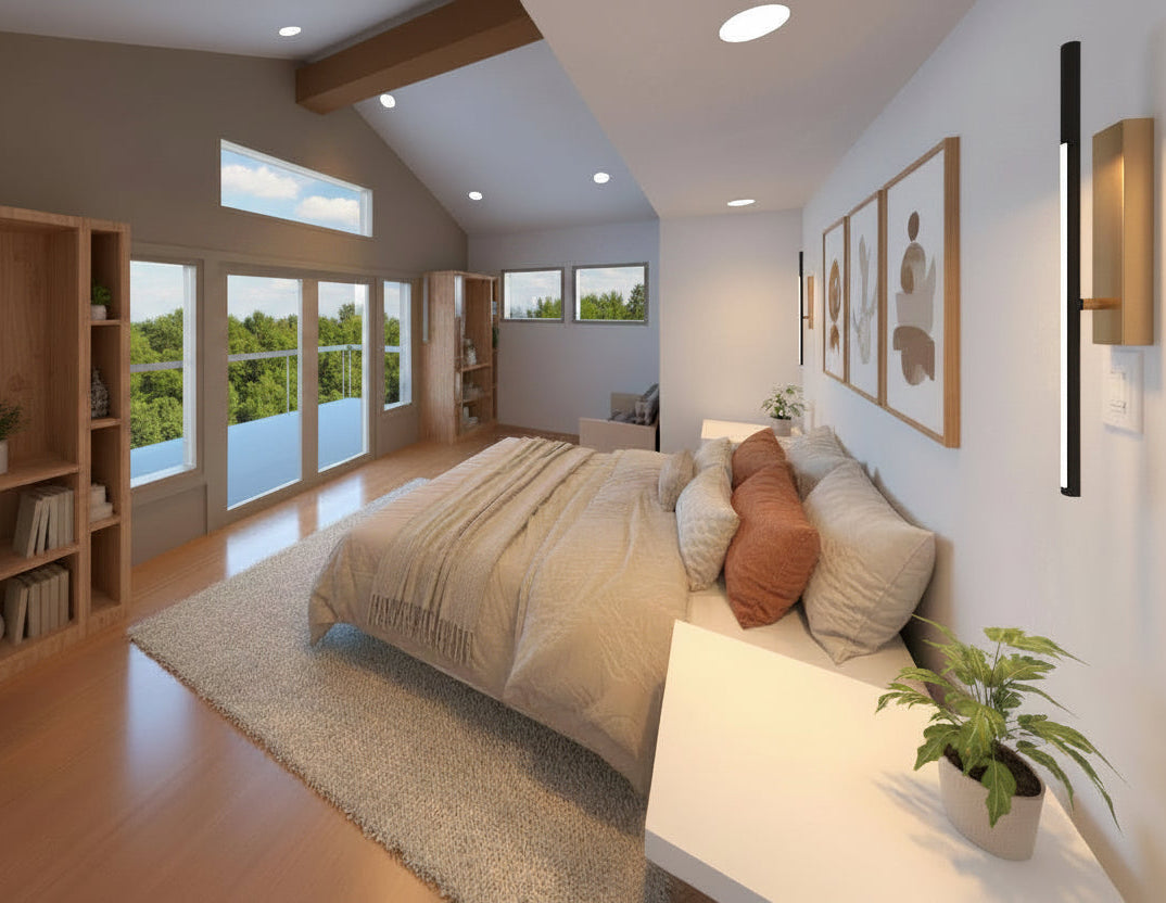 Modern bedroom with large windows, bed, and decor. Remodel addition in Bountiful Utah