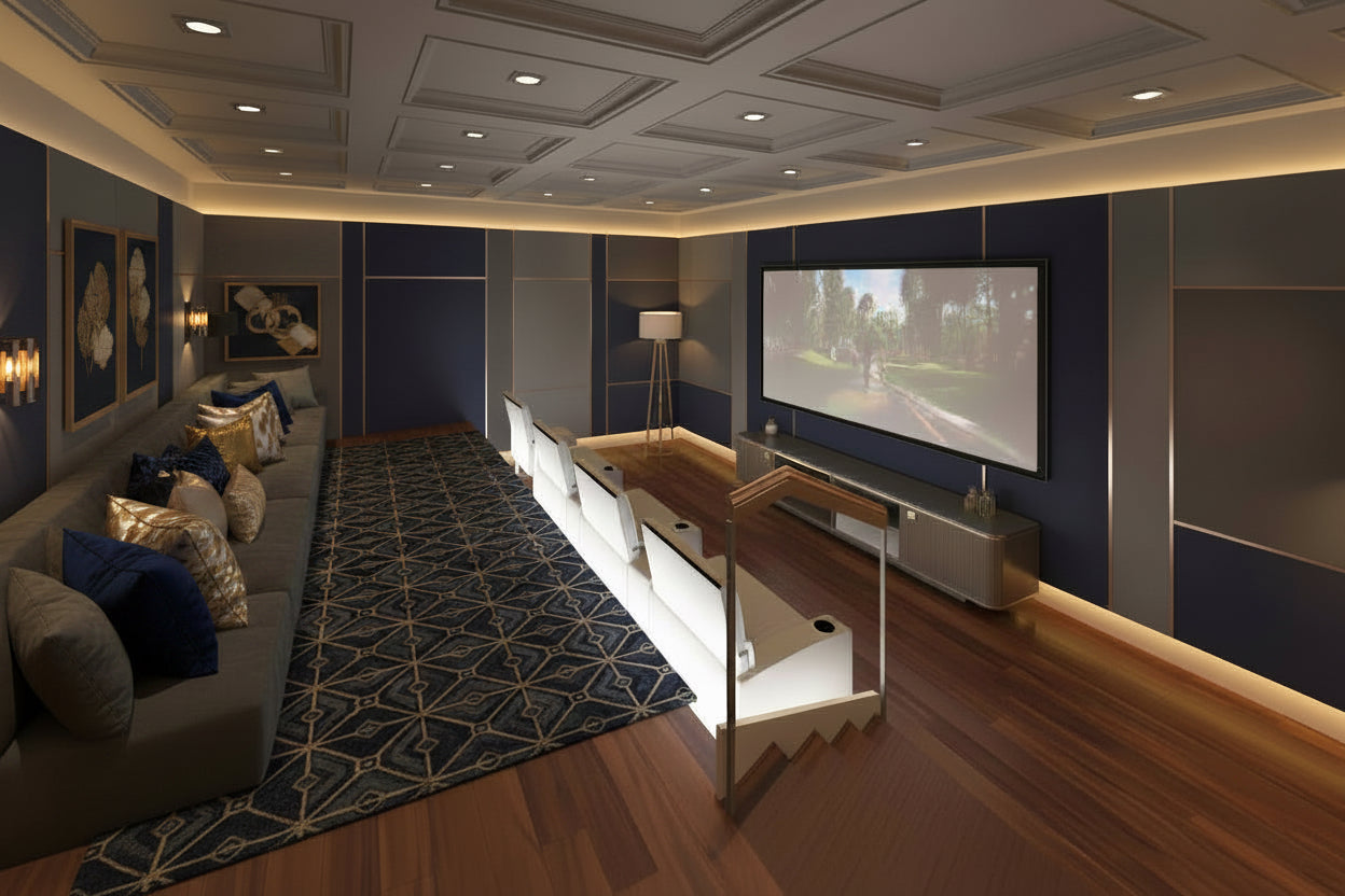 Modern home theater with a large screen displaying a movie, surrounded by comfortable seating and stylish decor. Remodel addition in Bountiful Utah