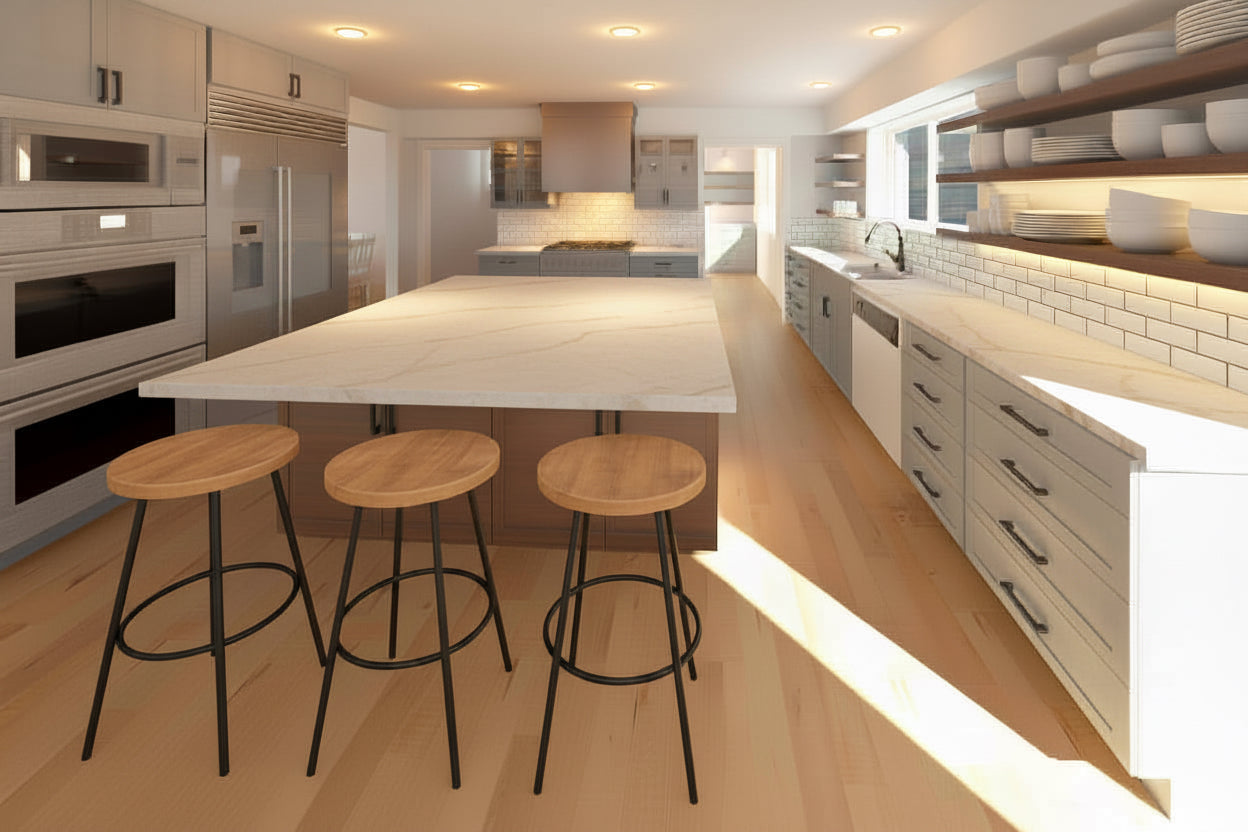 Modern kitchen with white countertops, stainless steel appliances, and wooden stools. Remodel addition in Murray Utah