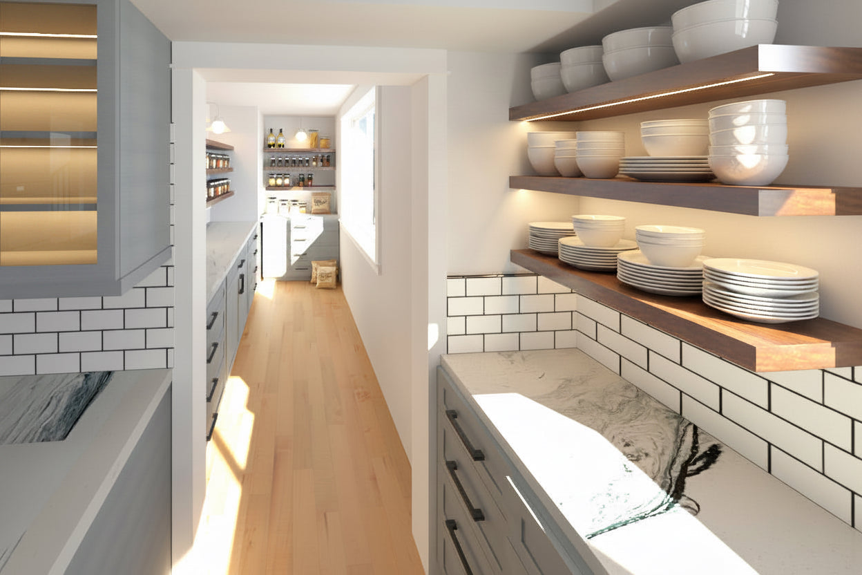 Modern kitchen with white subway tiles, wooden floor, and open shelves with dishes. Remodel addition in Murray Utah