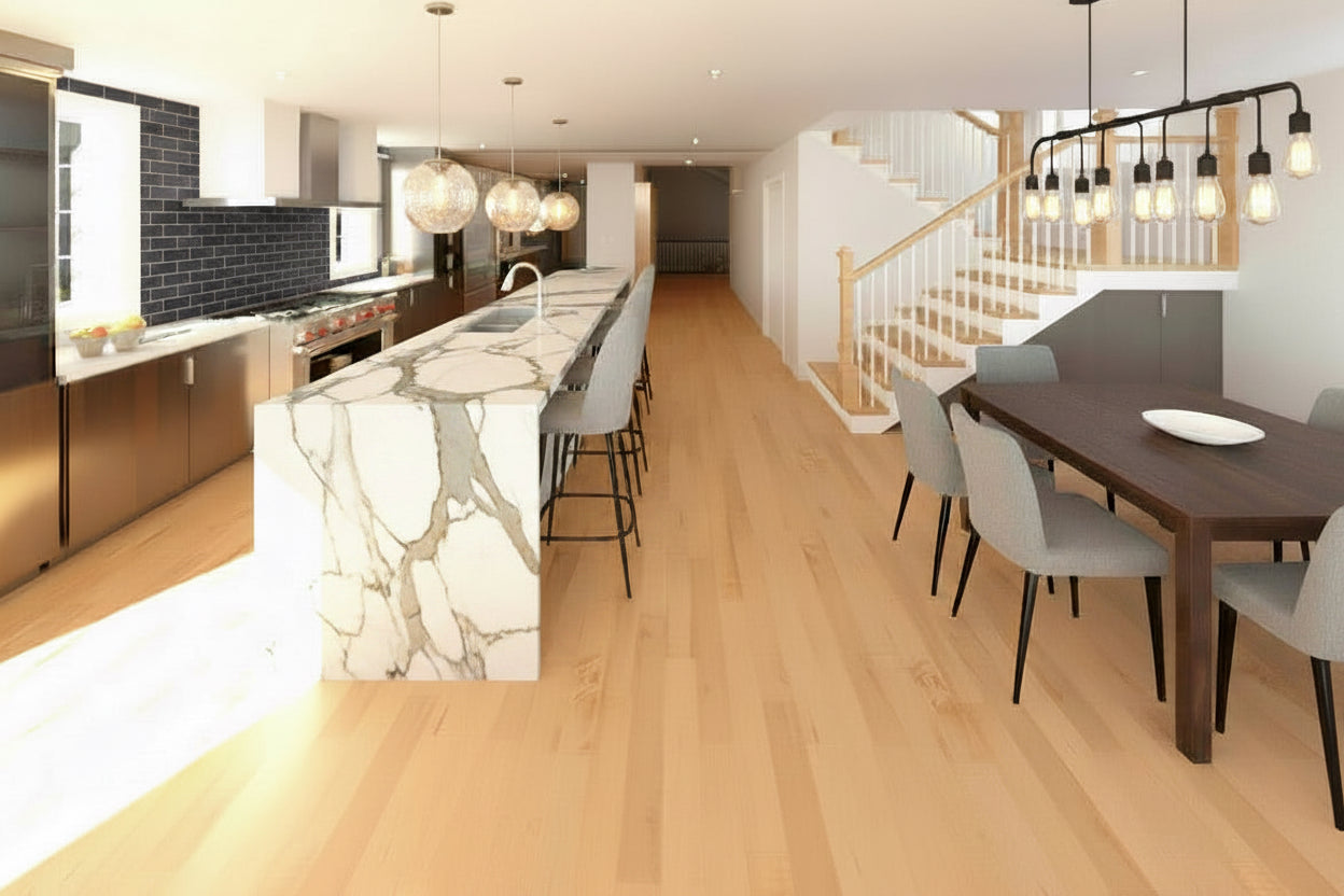 Modern kitchen and dining area with marble island and wooden floor. Remodel addition in Eagle Mountain Utah