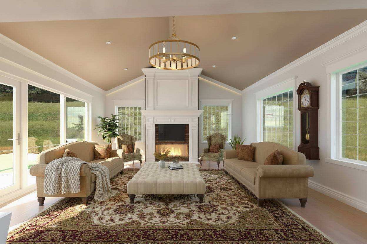 Living room with beige sofas, a coffee table, and a fireplace. Remodel addition in Eagle Mountain Utah