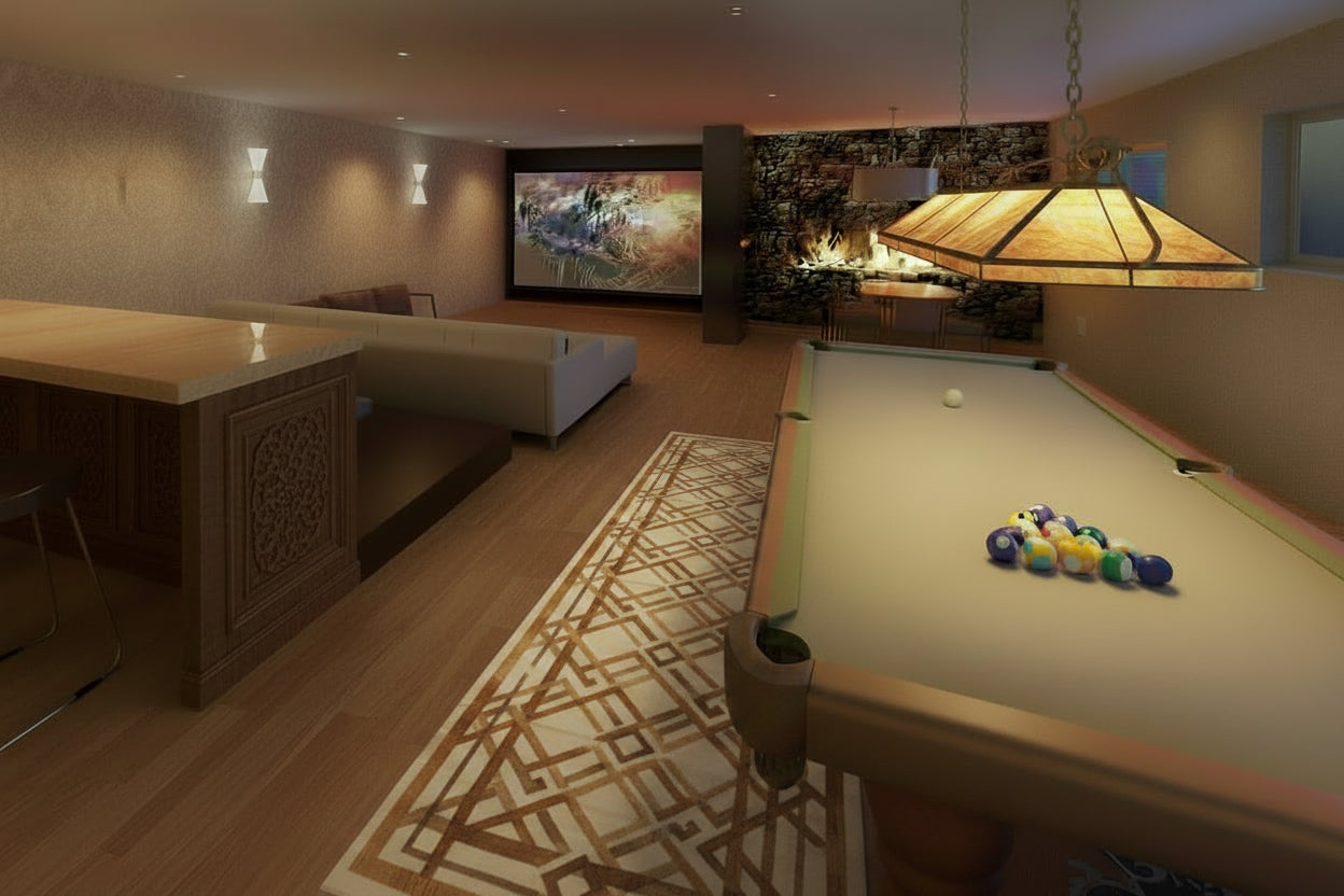 Modern living room with a pool table and decorative elements. Remodel addition in Eagle Mountain Utah