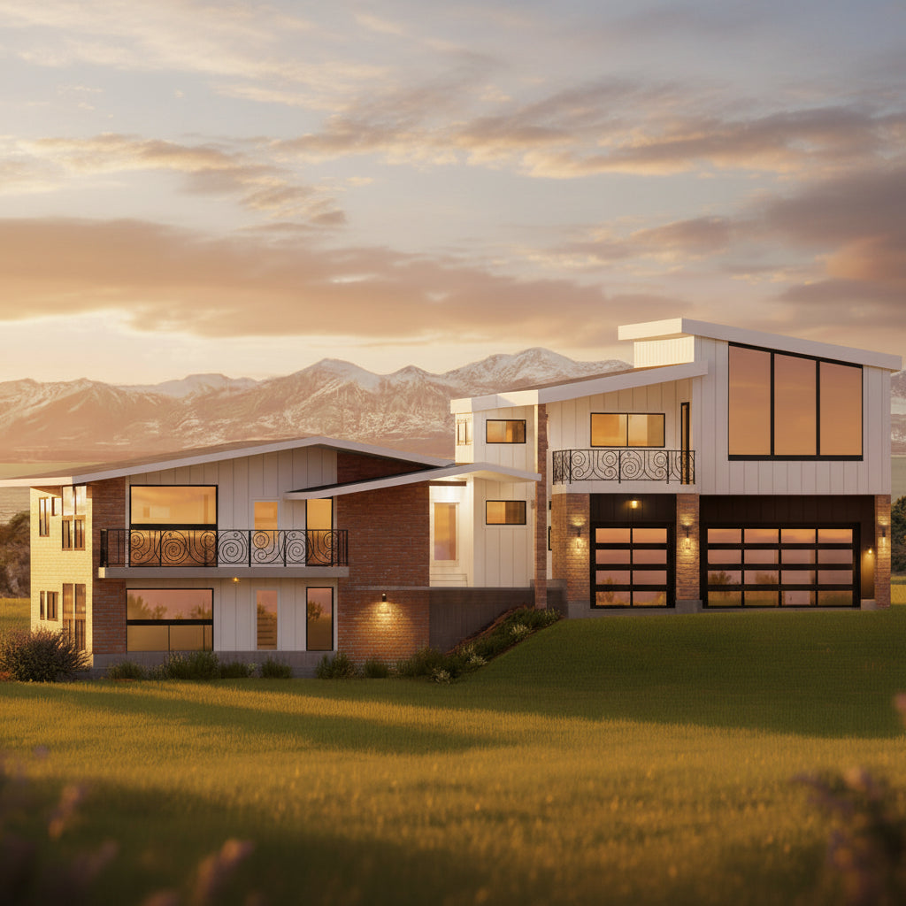 Modern house with mountain view during sunset. Remodel addition in Provo Utah