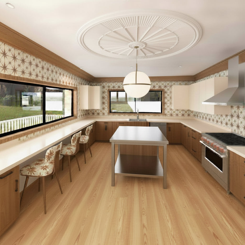 Modern kitchen with wooden floor, island, and large windows. Remodel addition in Provo Utah