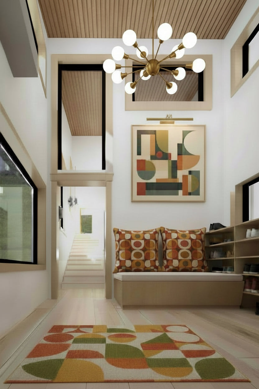 Modern interior with a chandelier, abstract painting, and patterned rug. Remodel addition in Provo Utah