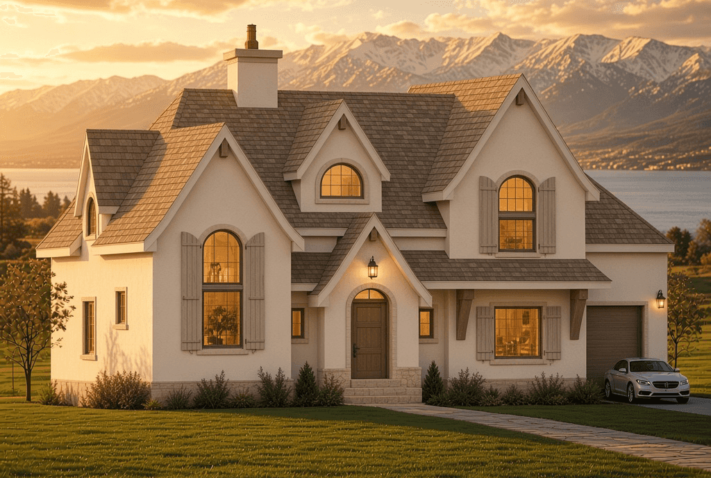 A large two-story suburban house with beige exterior walls, brown shutters, and a brown shingled roof, set in a grassy yard with mountains and a lake in the background at sunset.