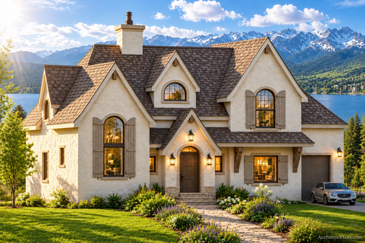 A large two-story suburban house with beige exterior walls, brown shutters, and a brown shingled roof, set in a grassy yard with mountains and a lake in the background at sunset.