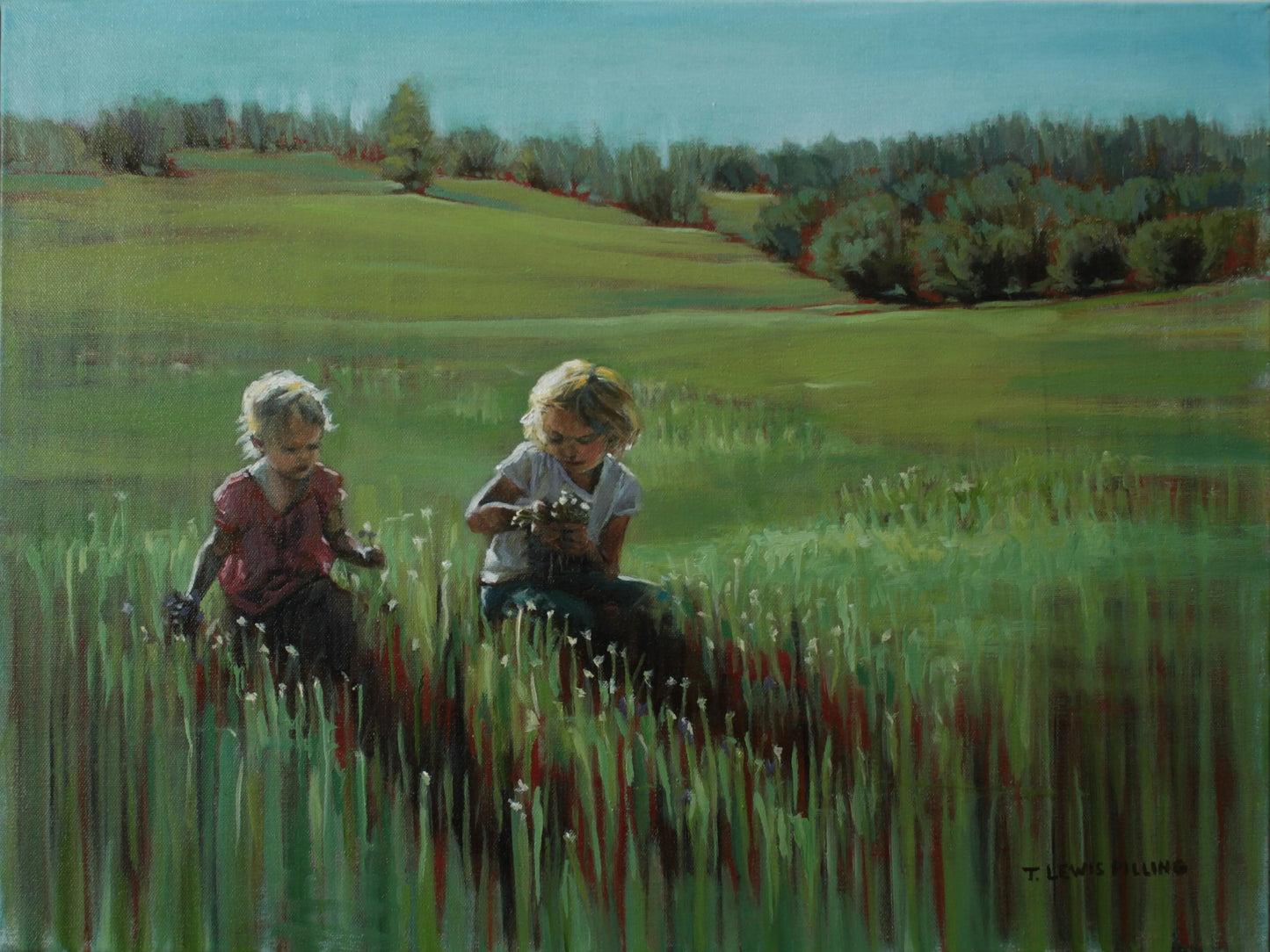 Landscape oil painting of two girls in a field picking flowers in the evening sun. Painting by artist Tanya Pilling.
