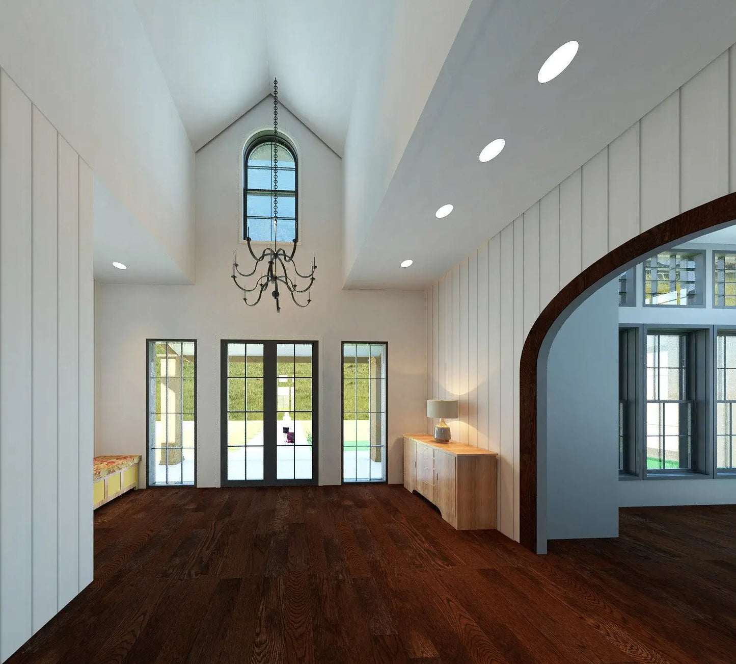 dramatic entry foyer and arched entry to office