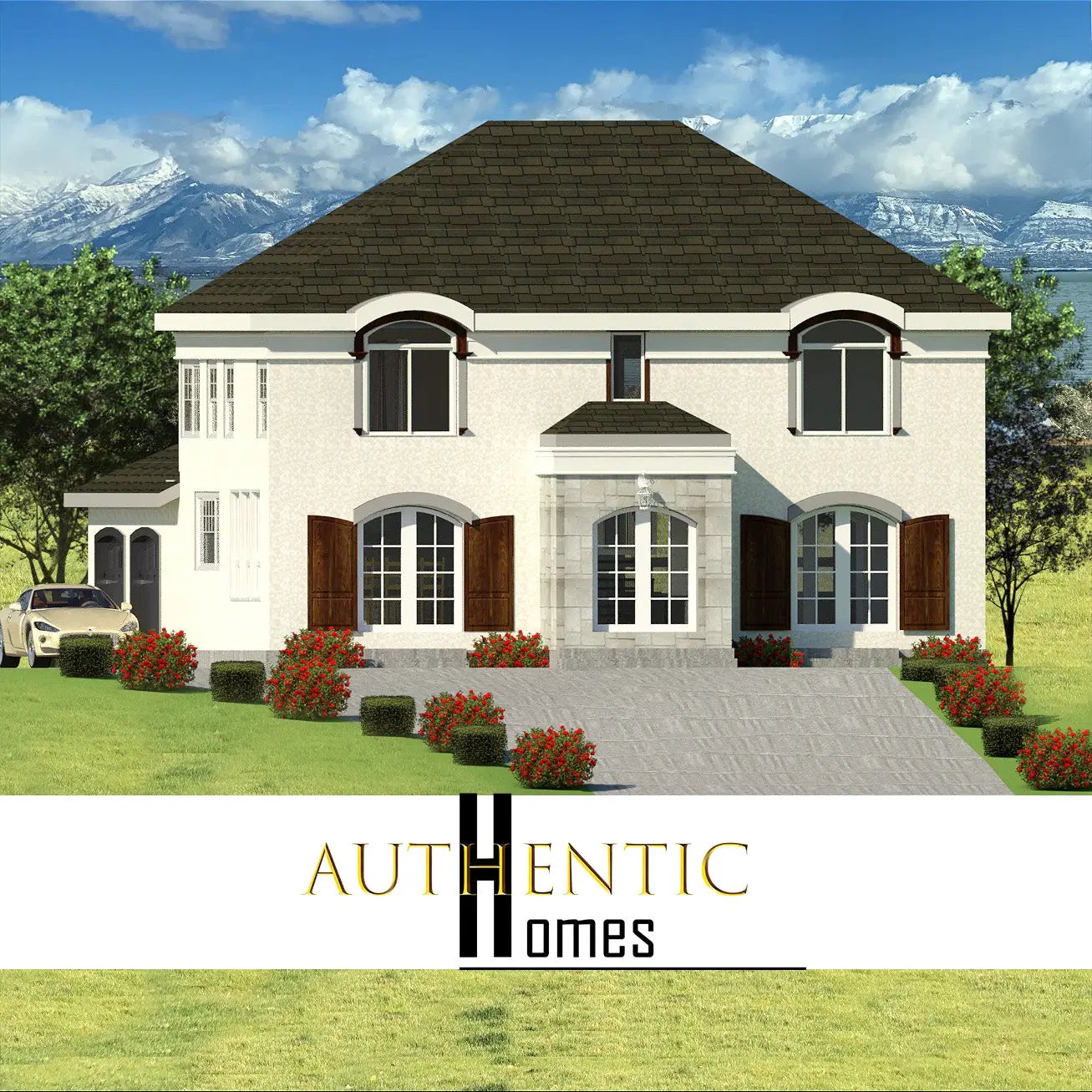 French style house plan wiith white stucco and french doors