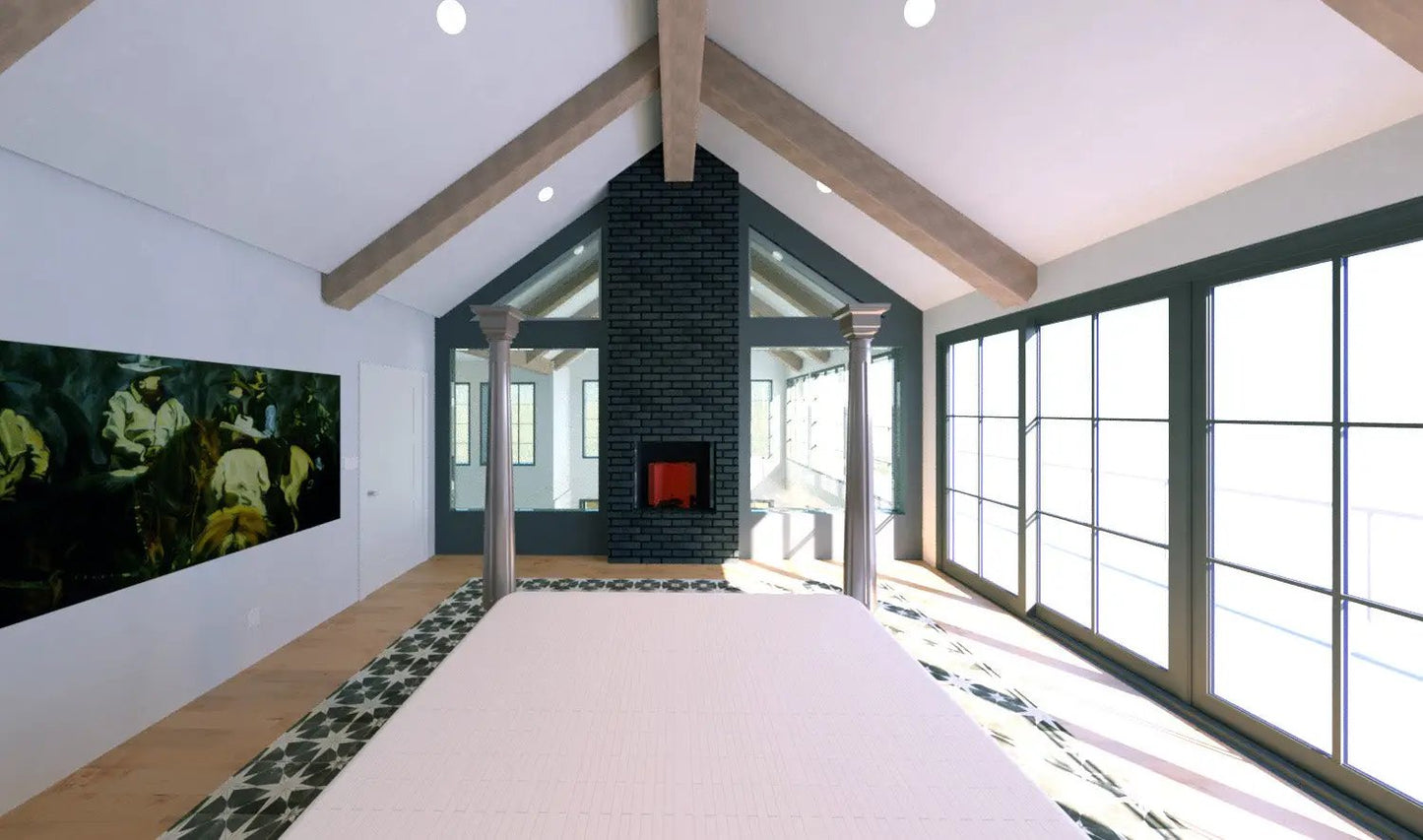 vaulted bedroom with fireplace and large windows