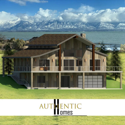 mountain style house plan with wood siding