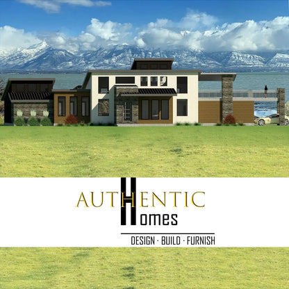 a rendering of a modern house with mountains in the background