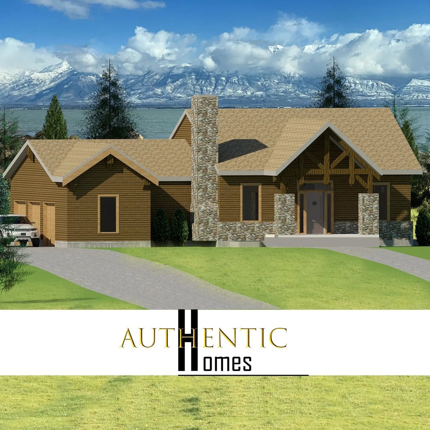 Mountain house plan with rock and wood siding