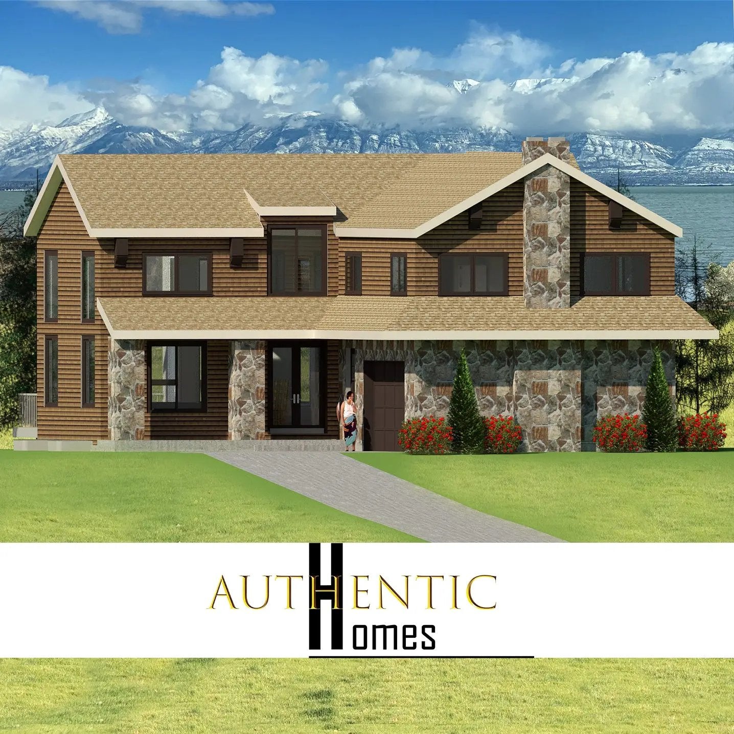 mountain style house plan with rock and wood siding
