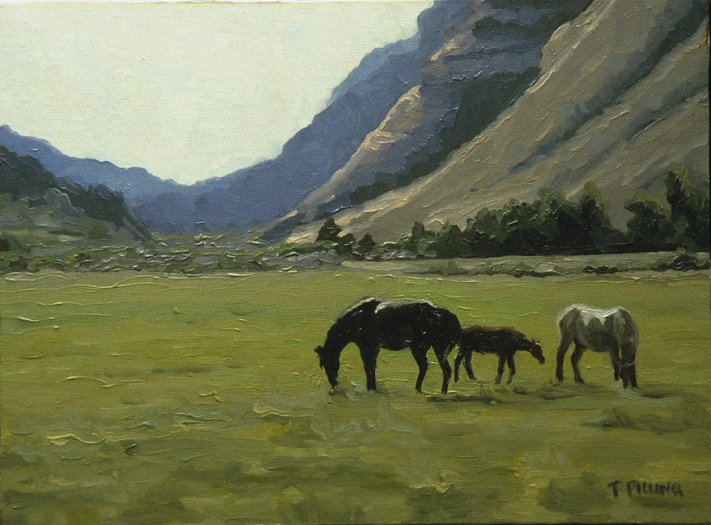 Landscape oil painting of horses grazing in meadow