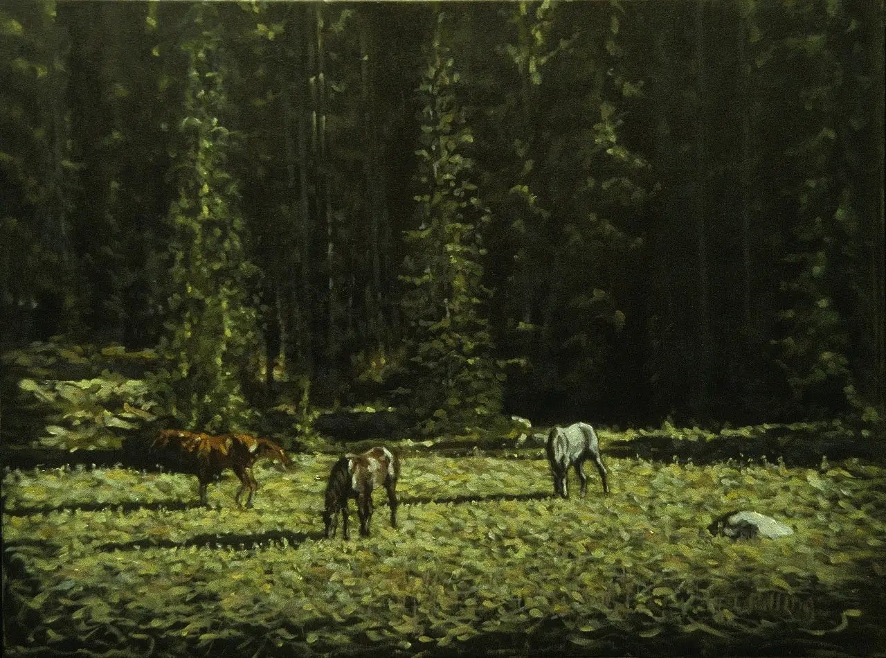 Landscape oil painting, horses grazing on High Line Trail