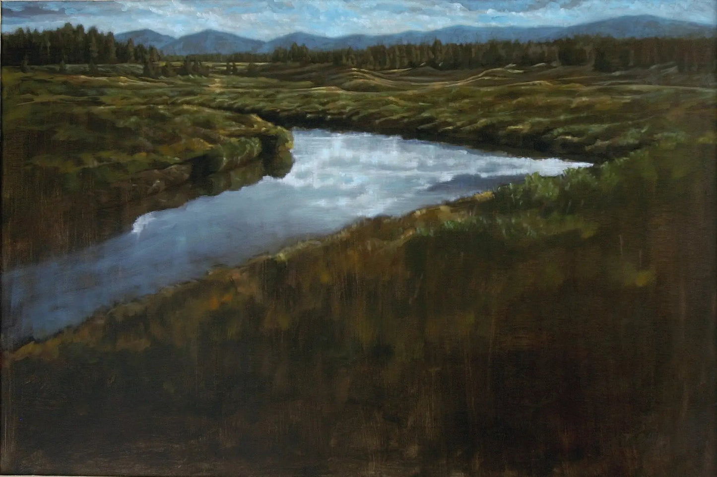 Landscape oil painting of reflections on a stream in South Fork. Painted by artist Tanya Pilling.