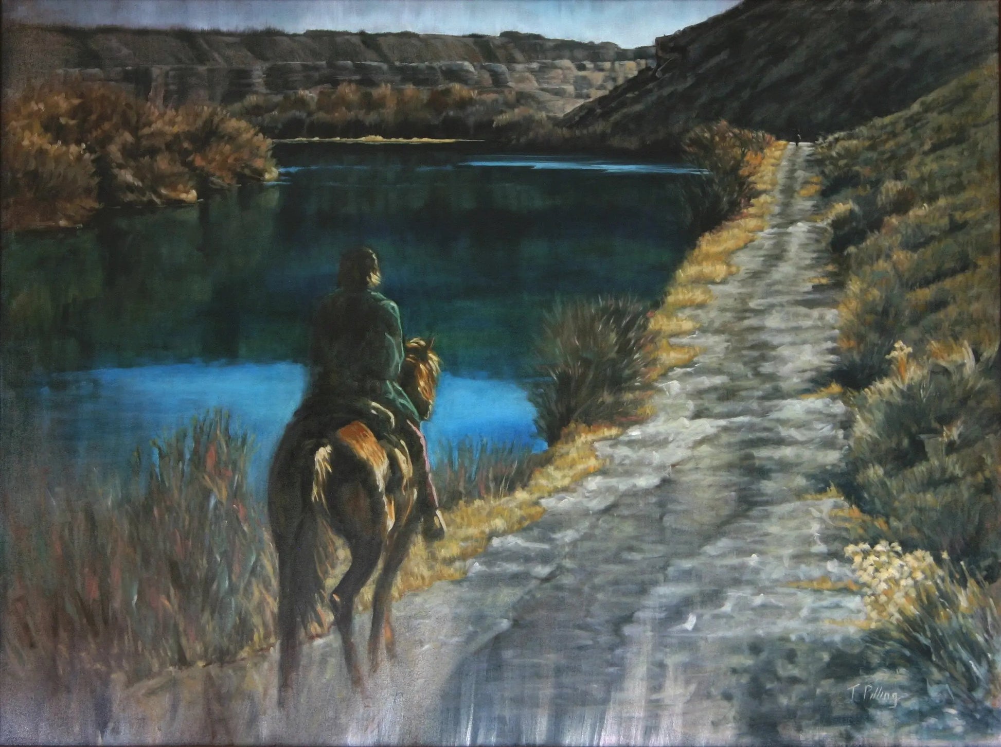 Landscape oil painting of horseback riders by Delores River in the late afternoon sun. Painted by artist Tanya Pilling.