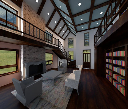 vaulted living room with library and catwalk