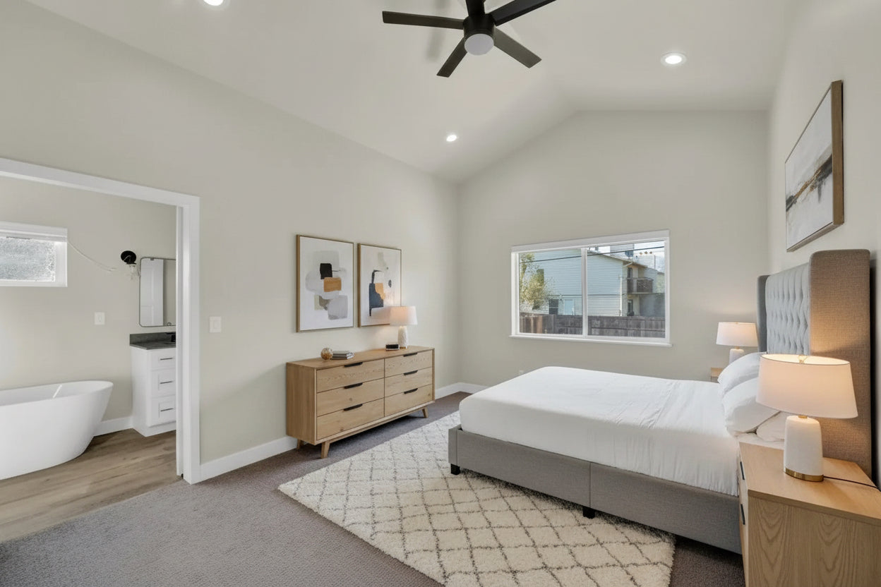 a room with a ceiling fan and a bathtub