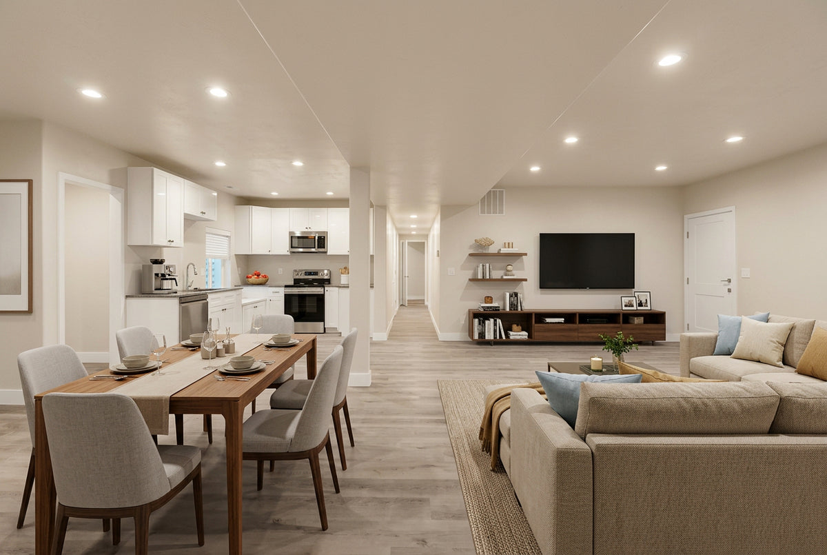 an empty living room with white walls and wood floors